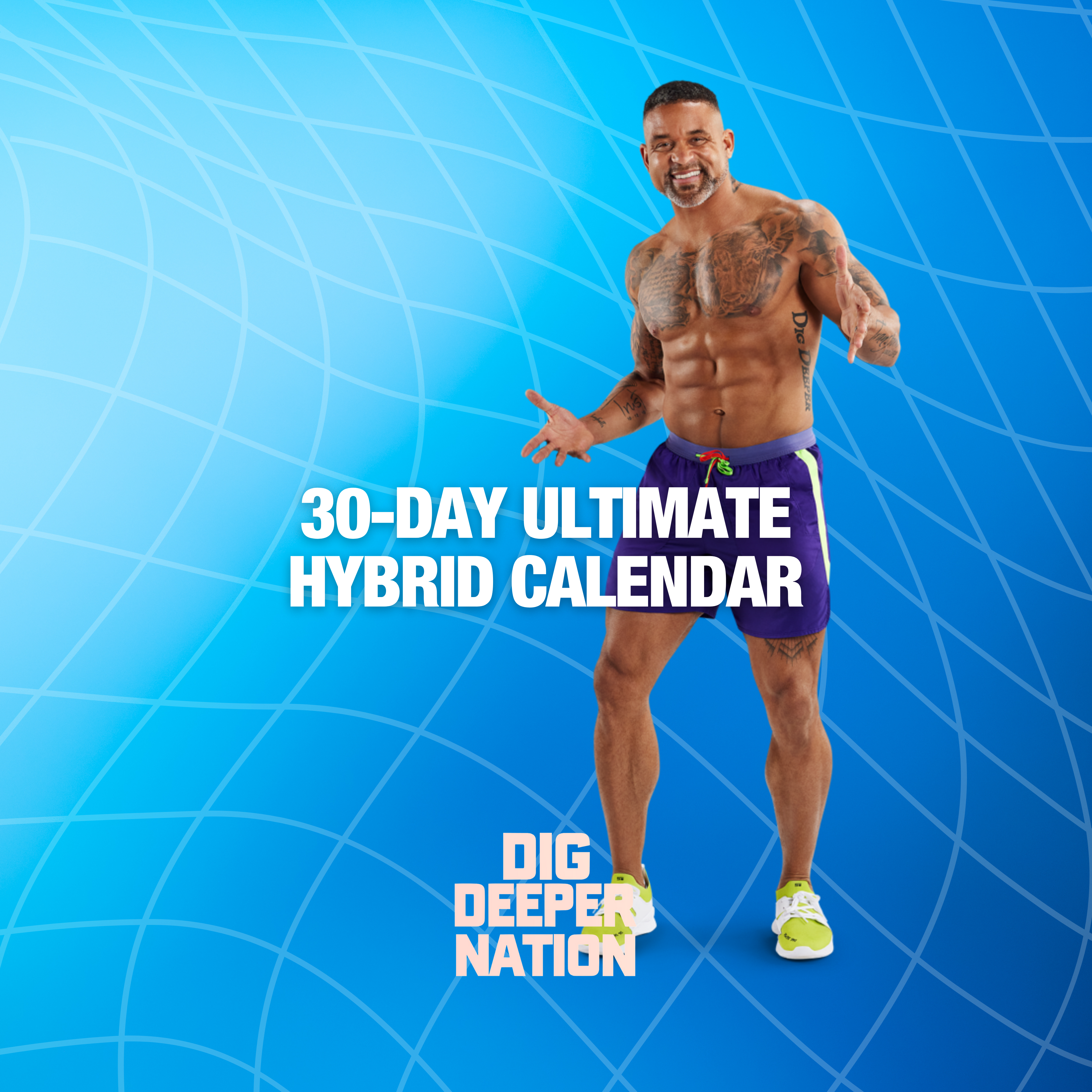 Blue background with Shaun T in foreground and white text reading "30-Day Ultimate Hybrid Calendar"
