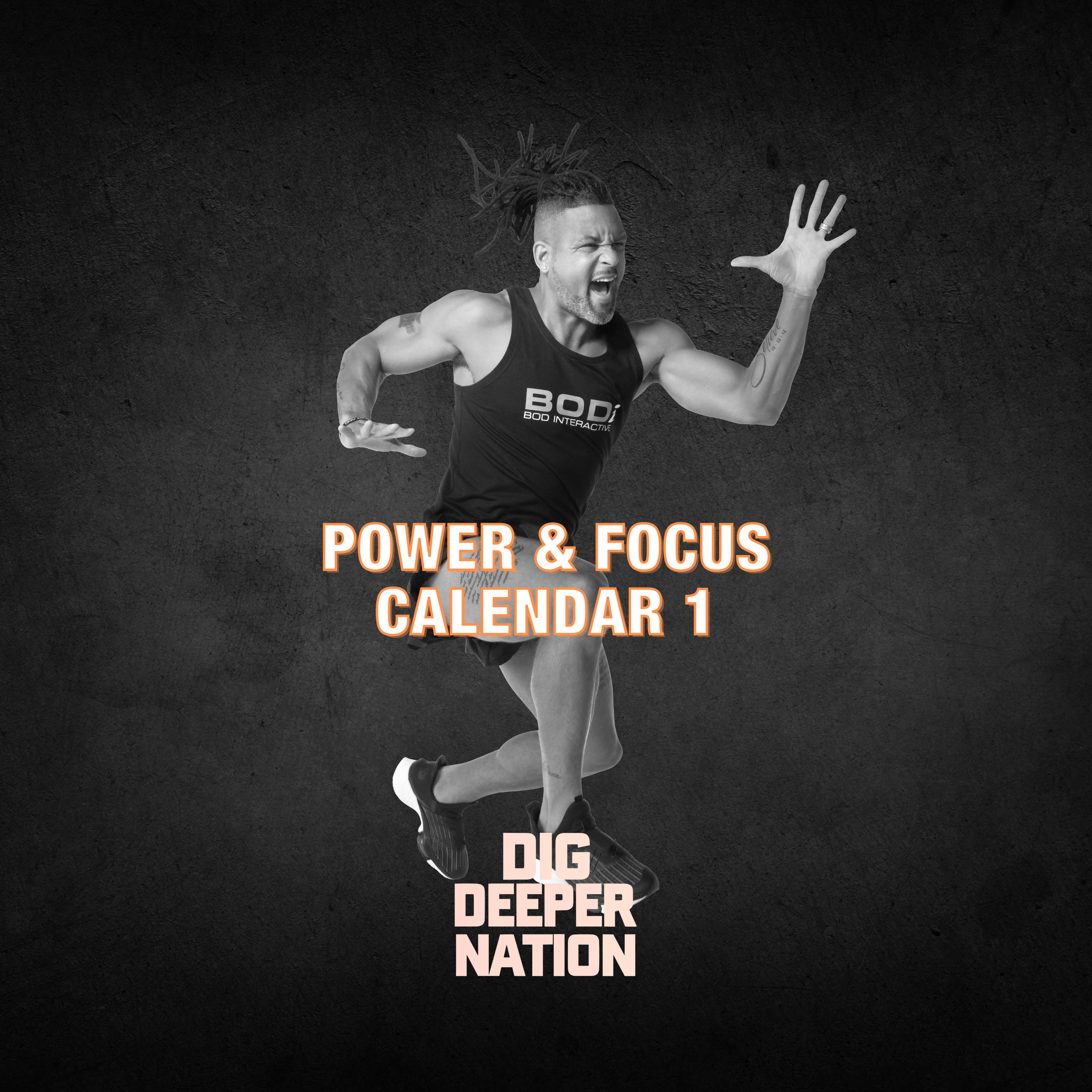 Black background with Shaun T in foreground power jumping with text overlay that says "Power and Focus Calendar 1"