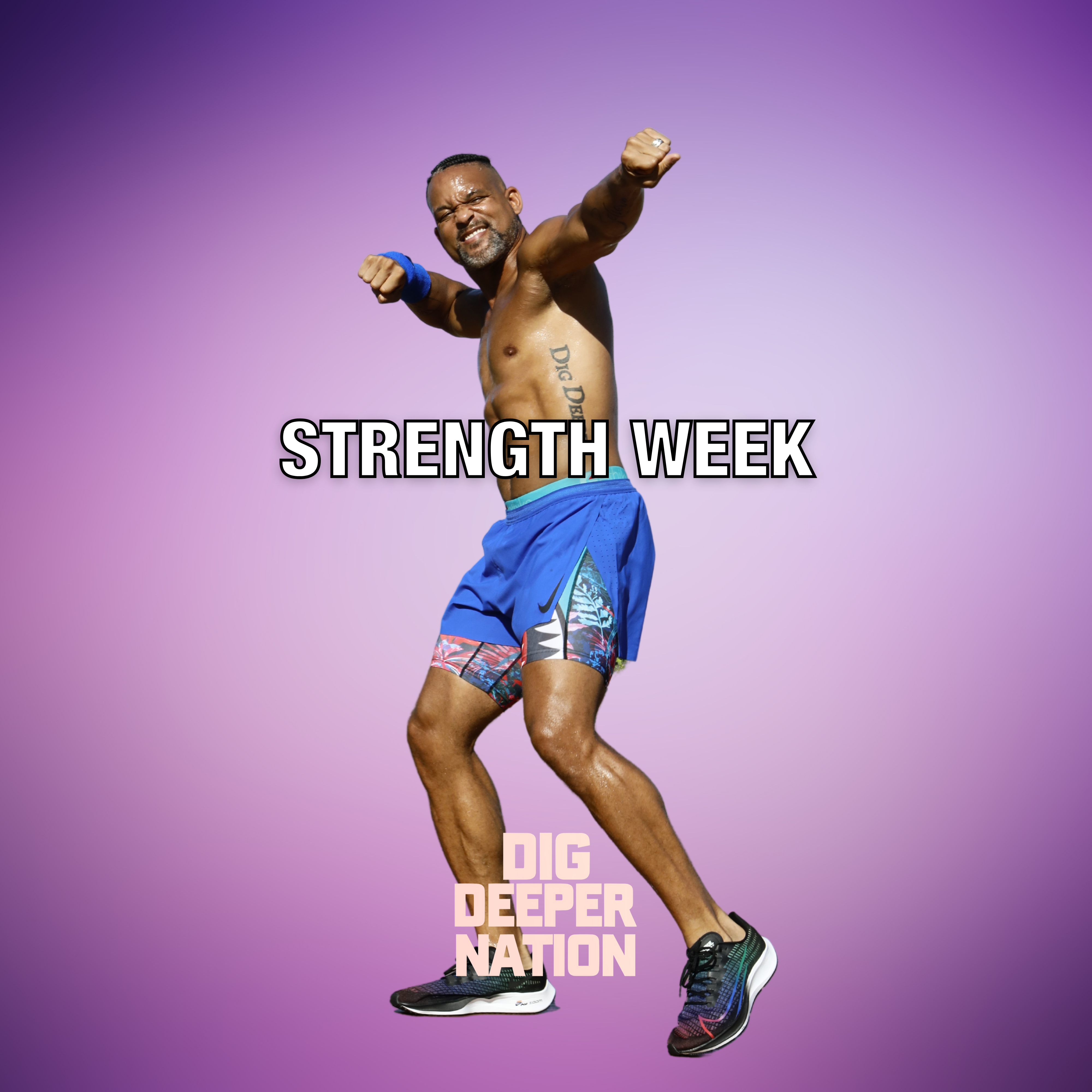 Purple background with Shaun T posing in foreground, text overlay that says Strength Week
