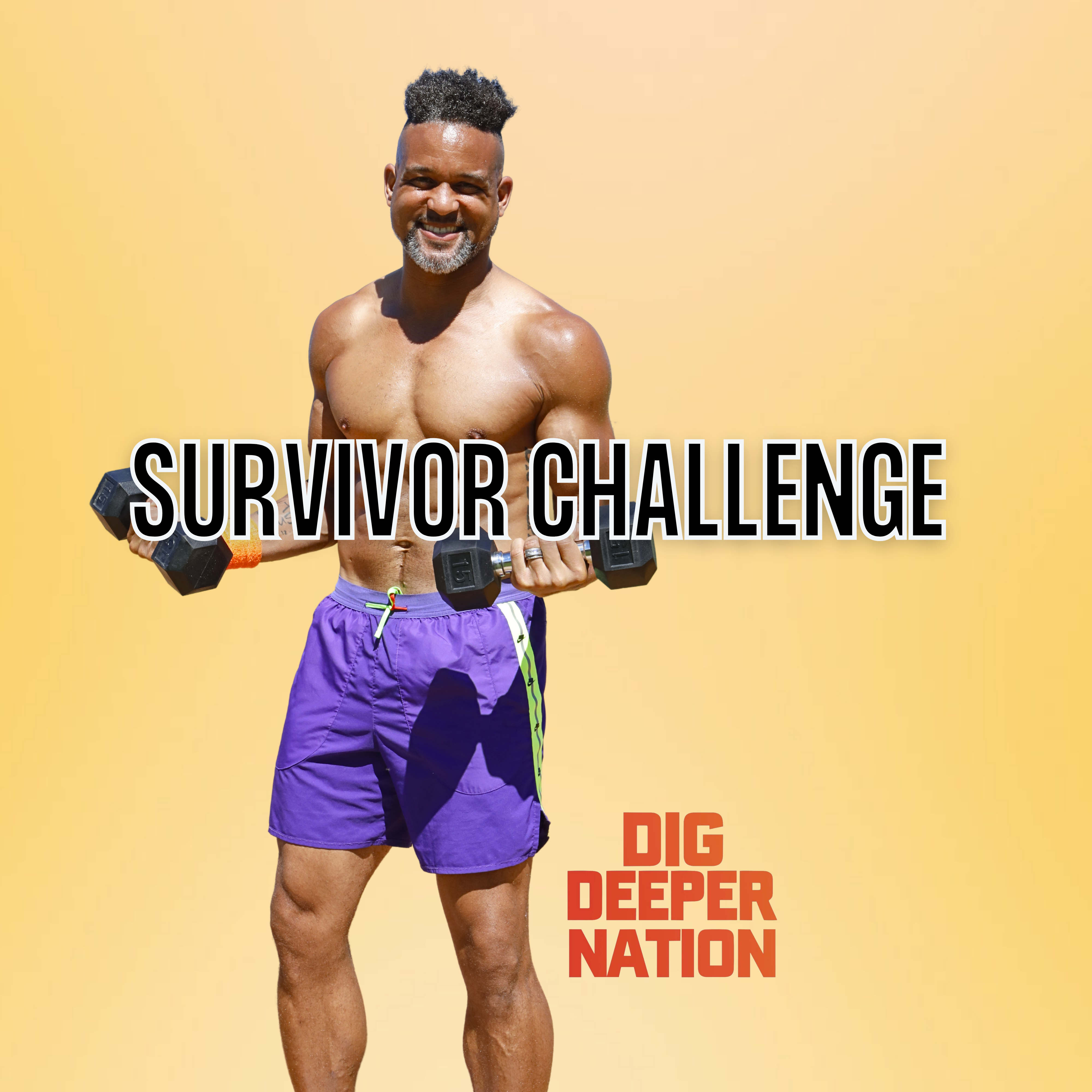 Yellow background, Shaun T in foreground holding weights with text overlay that says "Survivor Challenge"