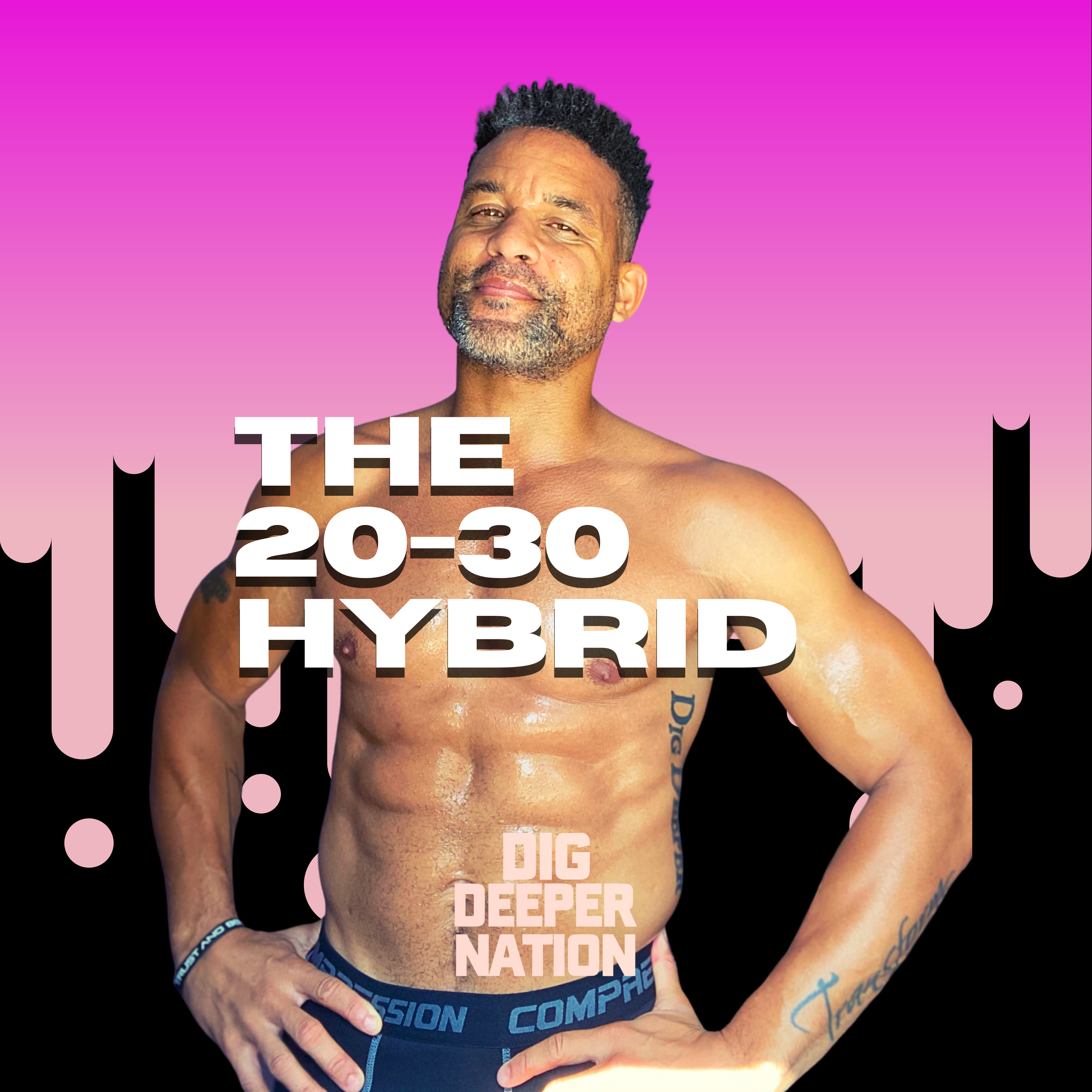Black background with purple paint dripping, Shaun T in foreground with text reading "the 20-30 Hybrid Calendar"